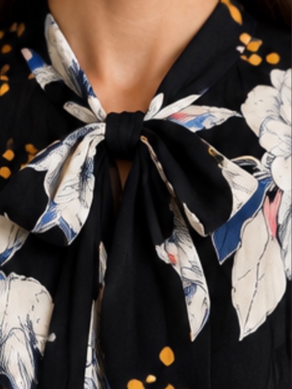 BURU Black Floral Maxi Dress Tie Neck Button Front Long Sleeve Statement - Picture 4 of 10